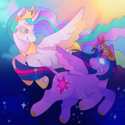 Size: 1440x1440 | Tagged: safe, artist:ariariari.png, derpibooru import, princess celestia, twilight sparkle, twilight sparkle (alicorn), alicorn, pony, colored hooves, crown, crying, day, glowing, glowing eyes, jewelry, night, regalia, smiling, spread wings, wings