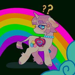 Size: 1440x1440 | Tagged: safe, artist:ariariari.png, derpibooru import, oc, oc only, oc:cinnamon satin, hybrid, mule, muleicorn, pony, alternate versions at source, bag, hairclip, jewelry, necklace, question mark, rainbow, saddle bag, solo