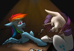 Size: 1180x820 | Tagged: safe, artist:stirren, derpibooru import, rainbow dash, rarity, pegasus, pony, unicorn, duo, duo female, female, tattoo, tattoo artist