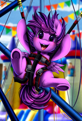 Size: 1926x2845 | Tagged: safe, artist:pridark, derpibooru import, oc, oc:emilia starsong, pegasus, pony, bouncing, bouncy castle, bungee cord, child, female, filly, foal, happy, harness, midair, pipes, ropes, single, trampoline