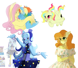 Size: 2545x2225 | Tagged: safe, artist:aztrial, derpibooru import, carrot top, fluttershy, golden harvest, rainbow dash, trixie, oc, anthro, human, pegasus, equestria girls, female, flutterdash, lesbian, shipping, simple background, white background