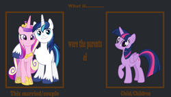 Size: 2800x1595 | Tagged: safe, derpibooru import, editor:incredibubbleirishguy, princess cadance, shining armor, twilight sparkle, twilight sparkle (alicorn), alicorn, alternate, female, male, meme, what if