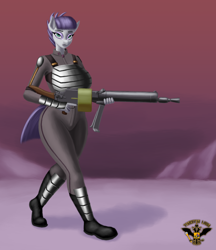 Size: 7680x8870 | Tagged: safe, artist:tsaritsaluna, derpibooru import, maud pie, anthro, earth pony, alternate hairstyle, alternate timeline, apocalypse maud, armor, crystal war timeline, female, gun, looking at you, machine gun, mare, solo, weapon