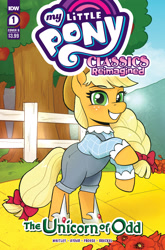 Size: 2063x3131 | Tagged: safe, artist:robin easter, derpibooru import, idw, applejack, earth pony, pony, g4, spoiler:comic, apple tree, applejack's hat, bow, clothes, comic cover, dorothy gale, female, hair bow, hat, high res, mare, munchkin country, my little pony classics reimagined: the unicorn of odd, my little pony logo, official, official comic, overalls, oz, poppy, rearing, silver shoes, the unicorn of odd, the wizard of oz, yellow brick road