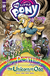 Size: 2063x3131 | Tagged: safe, artist:andypriceart, derpibooru import, idw, applejack, fluttershy, granny smith, pinkie pie, queen chrysalis, rarity, winona, changeling, changeling queen, earth pony, pegasus, pony, unicorn, g4, spoiler:comic, applejack's hat, bipedal, clothes, comic cover, cowardly lion, dorothy gale, emerald city, flying monkey, gritted teeth, hat, high res, hourglass, house, my little pony classics reimagined: the unicorn of odd, my little pony logo, nick chopper, official, official comic, overalls, quote, rainbow, teeth, the scarecrow, the unicorn of odd, the wizard of oz, tin man, tin woodsman, tornado, toto, wicked witch of the west, winkie, witch, yellow brick road