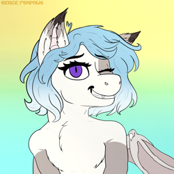 Size: 2000x2000 | Tagged: safe, artist:sergefoxpaws, derpibooru import, oc, oc only, bat, bat pony, pony, chest fluff, commission, fangs, gradient background, human shoulders, icon, smiling, solo, wings