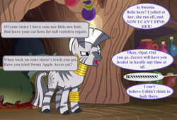 Size: 1056x720 | Tagged: safe, derpibooru import, edit, edited screencap, screencap, zecora, it isn't the mane thing about you, sisterhooves social, bracelet, dialogue, ear piercing, earring, implied opalescence, implied rarity, implied sweetie belle, jewelry, offscreen character, piercing, speech bubble, zecora's hut