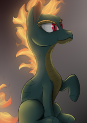 Size: 2894x4093 | Tagged: safe, artist:infy_ti, derpibooru exclusive, derpibooru import, tianhuo, dragon, hybrid, longma, them's fightin' herds, community related, female, fire, mane on fire, sitting, solo, tail, tail of fire