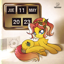 Size: 1920x1920 | Tagged: safe, artist:theratedrshimmer, derpibooru import, vignette valencia, earth pony, pony, butt, calendar, clock, cute, equestria girls ponified, female, looking at you, mare, plot, ponified, solo, spanish, species swap