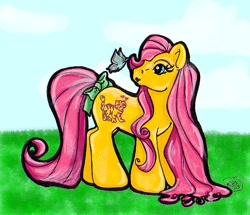 Size: 576x496 | Tagged: safe, artist:sakuracross, derpibooru import, butterfly, pony, g1, baby katie, bow, solo, tail, tail bow