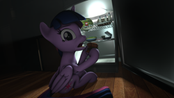 Size: 3840x2160 | Tagged: safe, artist:darkad8000, derpibooru import, twilight sparkle, twilight sparkle (alicorn), alicorn, pony, 3d, burger, caught, eating, female, food, hamburger, looking at you, mare, midnight snack, night, refrigerator, sitting, solo, source filmmaker