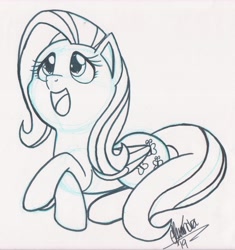 Size: 4787x5100 | Tagged: safe, artist:rhythm-is-best-pony, derpibooru import, fluttershy, pegasus, pony, cute, daaaaaaaaaaaw, lying down, monochrome, open mouth, open smile, prone, shyabetes, sketch, smiling, solo, traditional art