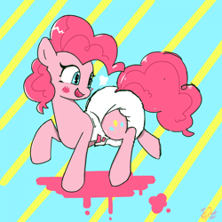 Size: 1920x1920 | Tagged: safe, artist:duckchip, derpibooru import, pinkie pie, earth pony, pony, abstract background, blushing, diaper, diaper fetish, fetish, looking back, poofy diaper, smiling, solo