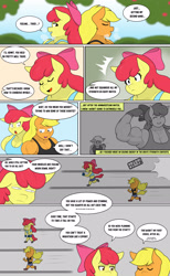 Size: 1889x3072 | Tagged: safe, artist:matchstickman, derpibooru import, apple bloom, applejack, anthro, earth pony, plantigrade anthro, abs, apple bloom's bow, apple bloomed, apple brawn, apple sisters, applejacked, applerack, armpits, biceps, bow, breasts, clothes, comic, deltoids, dialogue, duo, emanata, female, flexing, hair bow, mare, matchstickman's apple brawn series, muscles, muscular female, older, older apple bloom, pecs, siblings, sisters, speech bubble, sweat, sweet apple acres, triceps, tumblr comic, tumblr:where the apple blossoms