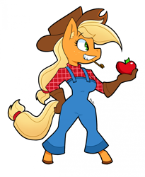 Size: 1737x2121 | Tagged: safe, artist:tysobro, derpibooru import, applejack, anthro, earth pony, unguligrade anthro, apple, applerack, breasts, clothes, female, food, grin, hand on hip, mare, overalls, plaid shirt, shirt, simple background, smiling, solo, straw in mouth, unmoving plaid, white background