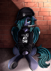 Size: 1446x2014 | Tagged: safe, artist:pridark, derpibooru import, oc, oc only, bat pony, bat pony oc, beanie, commission, emo, female, hat, knife, mouth hold, solo