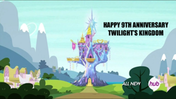 Size: 1280x720 | Tagged: safe, derpibooru import, screencap, twilight's kingdom, anniversary, castle, hub logo, logo, no pony, the hub, twilight's castle