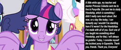 Size: 1650x692 | Tagged: safe, derpibooru import, edit, edited screencap, editor:incredibubbleirishguy, screencap, applejack, princess celestia, princess luna, rainbow dash, twilight sparkle, twilight sparkle (alicorn), alicorn, magical mystery cure, magical mystery cure 10th anniversary, speech, talking, text