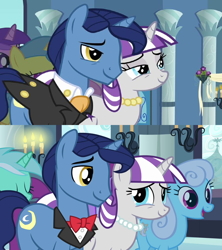Size: 1280x1440 | Tagged: safe, derpibooru import, screencap, amethyst star, lemon hearts, linky, lyra heartstrings, night light, shoeshine, sparkler, twilight velvet, unicorn, a canterlot wedding, magical mystery cure, ascot tie, bowtie, button-up shirt, canterlot, clothes, comparison, crying, dress shirt, female, jewelry, male, necklace, nightvelvet, parent, shipping, shirt, straight, suit, tailcoat, tears of joy, teary eyes, tuxedo