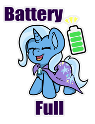 Size: 864x1131 | Tagged: safe, artist:rokosmith26, derpibooru import, trixie, pony, unicorn, battery, cape, chest fluff, chibi, clothes, eyes closed, female, gem, happy, mare, open mouth, simple background, standing, text, transparent background, trixie's cape