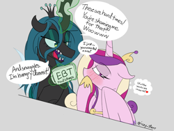 Size: 1181x890 | Tagged: safe, artist:icey, derpibooru import, princess cadance, queen chrysalis, alicorn, changeling, changeling queen, pony, blushing, cadalis, dialogue, eyelashes, female, food stamps, heart, horn, infidelity, lesbian, mare, sharp teeth, shipping, speech bubble, teeth, wings