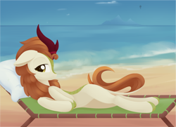 Size: 3974x2879 | Tagged: safe, alternate version, artist:dusthiel, derpibooru import, autumn blaze, kirin, beach, beach chair, belly, cloven hooves, ears, female, floppy ears, leonine tail, looking at you, looking sideways, lying down, mare, on side, profile, smiling, smiling at you, solo, tail