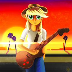 Size: 1500x1500 | Tagged: safe, artist:jphyperx, derpibooru import, applejack, equestria girls, bass guitar, musical instrument, palm tree, retrowave, solo, street, sunset, synthwave, tree