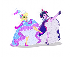 Size: 5590x4471 | Tagged: safe, artist:sapphiregamgee, derpibooru import, applejack, twilight sparkle, human, equestria girls, absurd resolution, blurry, can-can, clothes, dress, froufrou glittery lacy outfit, gown, high heels, low quality, petticoat, princess, shoes, simple background, white background