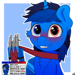 Size: 2000x2000 | Tagged: safe, artist:h3nger, derpibooru import, oc, oc:bluethecake, cyborg, pony, unicorn, horny on main, looking at you, smiling, solo, text