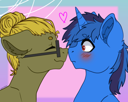 Size: 700x560 | Tagged: safe, artist:duskooky, artist:kooky, derpibooru import, oc, oc only, oc:bluethecake, oc:donnik, pegasus, pony, unicorn, blushing, boop, gradient background, nuzzling, surprised