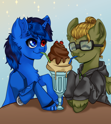 Size: 2160x2400 | Tagged: safe, artist:duskooky, artist:kooky, derpibooru import, oc, oc only, oc:bluethecake, oc:donnik, pegasus, pony, unicorn, blushing, drink, gradient background, happy, milkshake