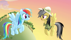 Size: 1280x720 | Tagged: safe, derpibooru import, screencap, daring do, rainbow dash, pony, daring don't, best pony, clothes, cute, cyan coat, daring dorable, dashabetes, duo, duo female, female, gold coat, hero dash, magenta eyes, pith helmet, shirt