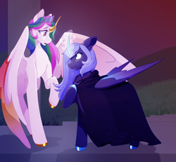 Size: 1600x1481 | Tagged: safe, artist:wifflethecatboi, derpibooru import, princess celestia, princess luna, alicorn, pony, alicorn amulet, blue mane, cape, castle of the royal pony sisters, cel shading, clothes, colored hooves, colored wings, crown, duo, eyebrows, eyebrows visible through hair, eyelashes, folded wings, gold hooves, gold horn, gradient wings, green mane, hoof polish, hooves, horn, jewelry, kokoshnik tiara, magic, magic aura, multicolored mane, outdoors, pink mane, purple eyes, regalia, s1 luna, scared, shading, sharp horn, silver hooves, silver horn, spread wings, tiara, turquoise eyes, white coat, wings