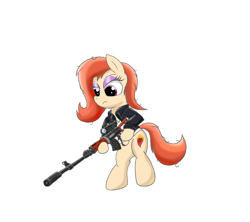 Size: 1800x1600 | Tagged: safe, artist:amateur-draw, derpibooru import, oc, oc only, oc:phosphor flame, earth pony, pony, bipedal, clothes, female, gun, jacket, leather, leather jacket, makeup, mare, rifle, scope, shirt, simple background, sniper rifle, sniperskya vintovka dragunova, solo, weapon, white background