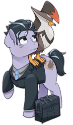 Size: 2054x3494 | Tagged: safe, artist:backgroundpony#f352, derpibooru import, bird, pony, bags under eyes, clothes, crossover, duo, eyes open, larry (pokemon), male, necktie, pokémon, ponified, signature, simple background, sleeping, species swap, stallion, standing, staraptor, suit, suitcase, transparent background