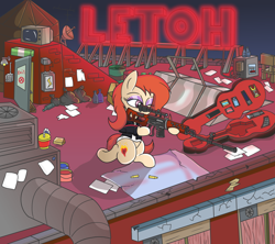 Size: 1800x1600 | Tagged: safe, artist:amateur-draw, derpibooru import, oc, oc only, oc:phosphor flame, earth pony, pony, baton, bullet, clothes, female, guitar case, gun, hotel, jacket, kneeling, leather, leather jacket, makeup, mare, neon, rifle, rooftop, scenery, shirt, sign, sniper rifle, solo, solo female, stun gun, television, water tower, weapon