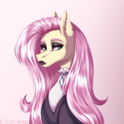 Size: 4000x4000 | Tagged: safe, artist:lisochka69, derpibooru import, fluttershy, pegasus, pony, absurd resolution, black lipstick, bust, eyeshadow, female, fluttergoth, gradient background, lidded eyes, lipstick, looking offscreen, makeup, mare, signature, solo