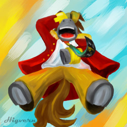 Size: 1024x1024 | Tagged: safe, artist:higvern, derpibooru import, oc, oc only, oc:collapse, cyborg, earth pony, pony, abstract background, amputee, laughing, necktie, prosthetic limb, prosthetics, solo