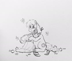 Size: 2047x1725 | Tagged: safe, artist:punkittdev, derpibooru import, big macintosh, butterfly, earth pony, pony, apple, clothes, dress, food, sitting, sketch, solo, wip