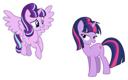 Size: 1600x1000 | Tagged: safe, derpibooru import, edit, starlight glimmer, twilight sparkle, unicorn twilight, alicorn, pony, unicorn, alicornified, alternate universe, bedroom eyes, grin, ponytail, race swap, role reversal, simple background, smiling, starlicorn, transparent background, vector, vector edit, xk-class end-of-the-world scenario