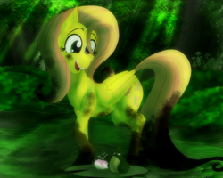 Size: 2500x2000 | Tagged: safe, artist:sixes&sevens, derpibooru import, fluttershy, frog, pegasus, pony, dirty, female, flower, grass, lilypad, looking down, mare, mud, muddy, open mouth, outdoors, smiling, solo, swamp, tree, water