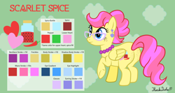 Size: 2030x1080 | Tagged: safe, artist:thunderdasher07, derpibooru import, oc, oc only, oc:scarlet spice, pegasus, pony, abstract background, butt, butt freckles, chubby, color palette, cutie mark, ear piercing, earring, female, food, freckles, glasses, hair bun, heart, jar, jewelry, mare, pegasus oc, pepper, piercing, plot, raised hoof, raised leg, reference sheet, solo