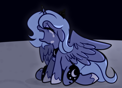 Size: 800x580 | Tagged: safe, artist:cutiesparke, derpibooru import, princess luna, alicorn, pony, alternate cutie mark, black background, crown, crying, eyes closed, female, hoof shoes, jewelry, kneeling, mare, moon, on the moon, open mouth, partially open wings, regalia, s1 luna, simple background, spread wings, wings