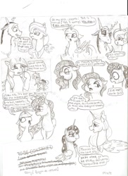 Size: 1280x1760 | Tagged: safe, artist:pinkiepony, princess luna, twilight sparkle, twilight sparkle (alicorn), alicorn, draconequus, pony, blushing, bunny slippers, comic, crown, dialogue, dislestia, eye contact, female, grayscale, hoof shoes, i've seen some shit, jewelry, lidded eyes, looking at each other, mare, monochrome, open mouth, open smile, peytral, pinkiepony, regalia, slippers, smiling, speech bubble, tired, traditional art, unamused, vulgar