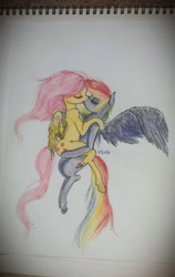 Size: 808x1280 | Tagged: safe, artist:pinkiepony, fluttershy, rainbow dash, pegasus, semi-anthro, eyes closed, female, flutterdash, kissing, large wings, mare, pinkiepony, shipping, simple background, spread wings, traditional art