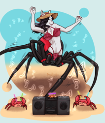 Size: 2430x2855 | Tagged: safe, artist:blackblood-queen, oc, oc only, oc:charlotte silk, anthro, crab, drider, monster pony, original species, spiderpony, anthro oc, beach, beach hat, bikini, boombox, breasts, clothes, commission, dancing, eyes closed, fangs, female, hermit crab, mare, music notes, swimsuit