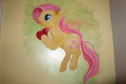 Size: 5184x3456 | Tagged: safe, artist:lawliet13, derpibooru import, fluttershy, pegasus, pony, apple, cutie mark, female, flower, flower in hair, flying, food, mare, painting, traditional art