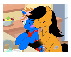 Size: 960x768 | Tagged: safe, artist:amgiwolf, artist:yesic01, derpibooru import, oc, oc only, earth pony, pony, unicorn, apron, base used, blushing, clothes, duo, kiss on the cheek, kissing