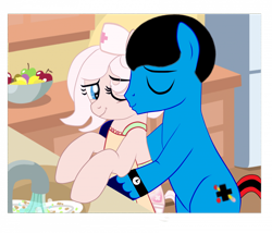 Size: 960x822 | Tagged: safe, artist:yesic01, derpibooru import, oc, oc only, pony, base used, duo, female, kiss on the cheek, kissing, kitchen, male, mare, stallion