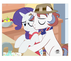 Size: 960x822 | Tagged: safe, artist:yesic01, derpibooru import, rarity, oc, pony, unicorn, apron, base used, clothes, duo, female, kiss on the cheek, kissing, kitchen, male, mare, stallion